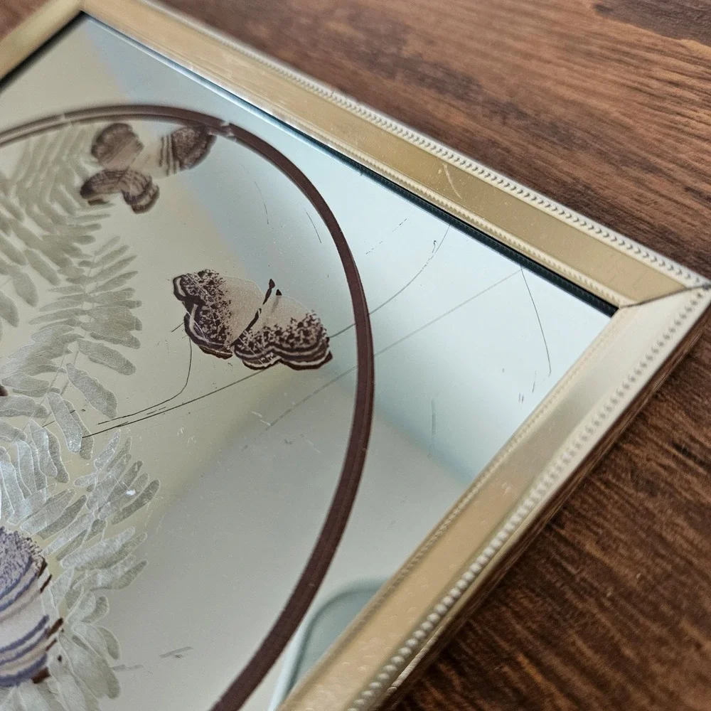 Vtg 70s Butterfly Fern Etched Mirror Gallery Wall Art Gold Metal Frame Square